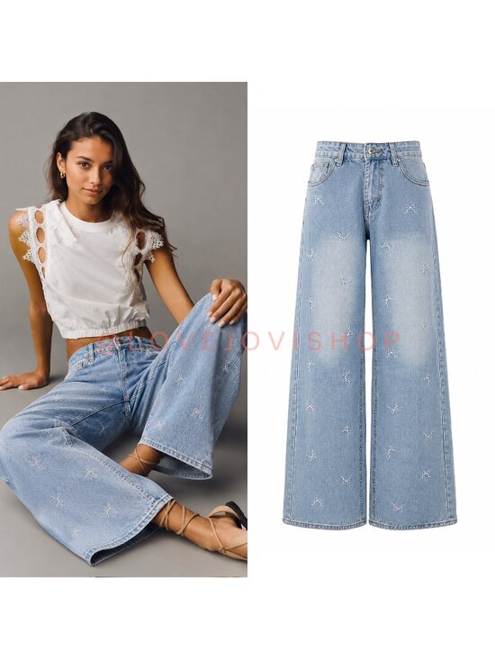 Cali1850 Denim - Feminine | Cali 1850 Embroidered Bow Wide Leg Jeans | Light Wash High Rise | 7